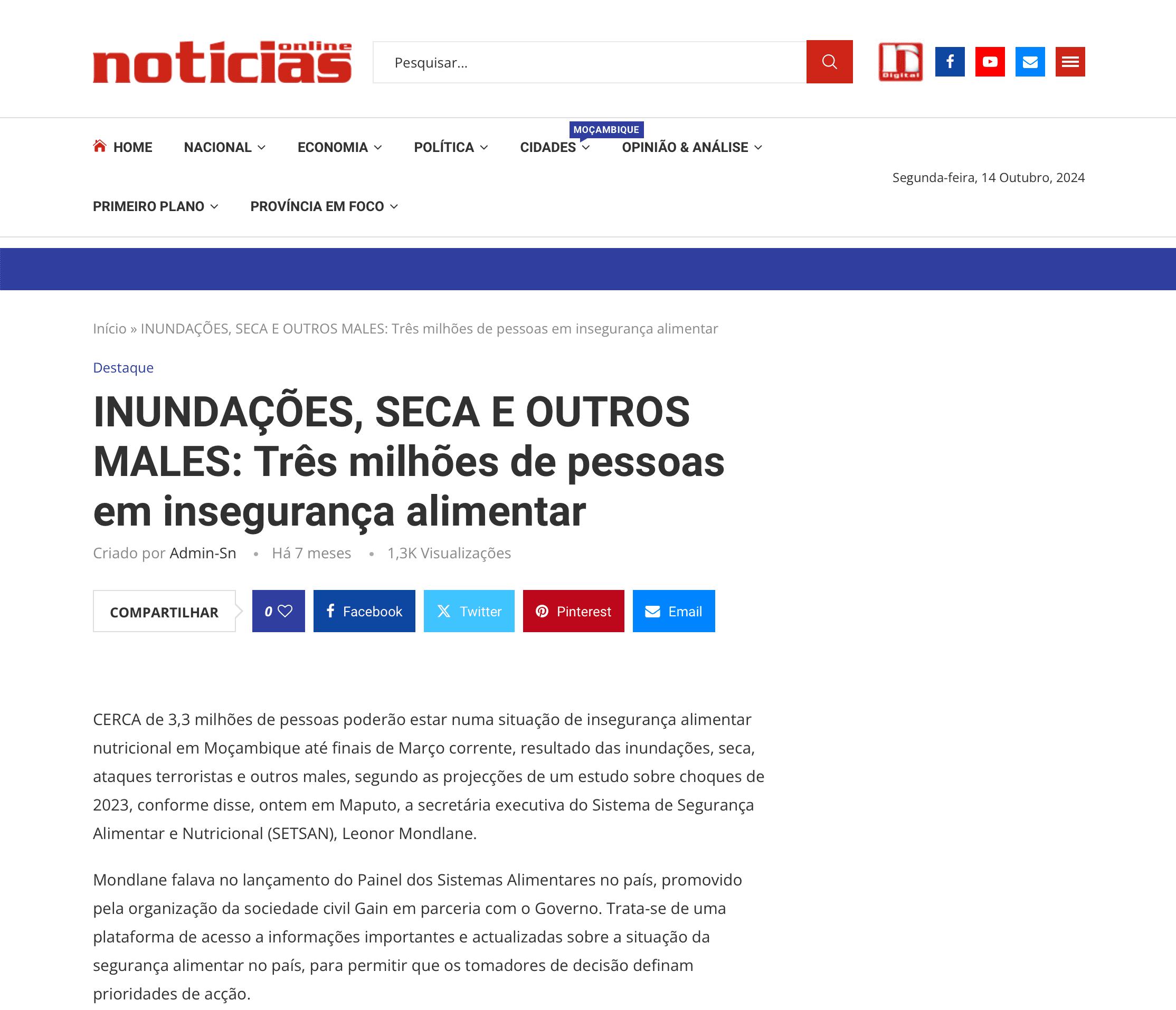 INUNDAÇÕES, SECA E OUTROS MALES: Três milhões de pessoas em insegurança alimentar